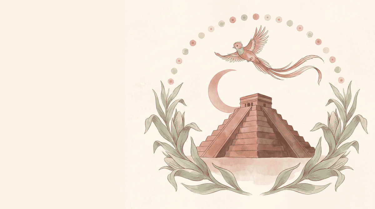 Botanical watercolor of a Maya pyramid under a crescent moon with a quetzal in flight