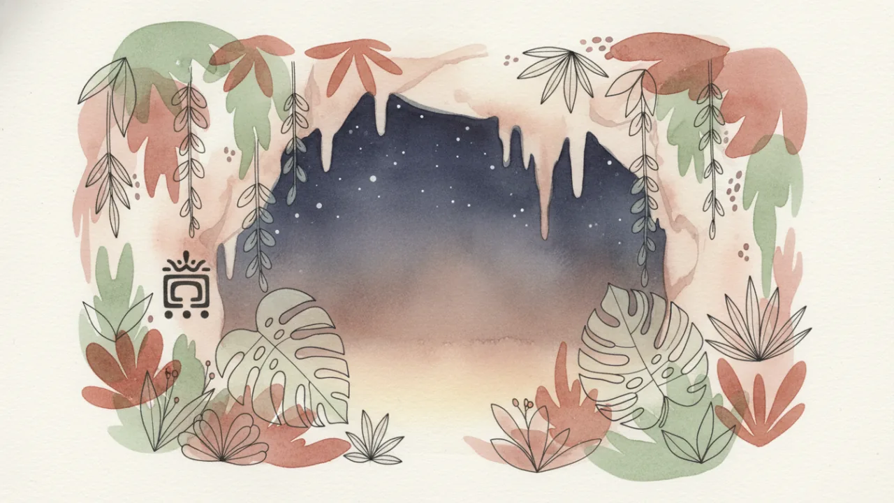 Watercolor scene evoking the energy of the Maya day sign Ak'b'al