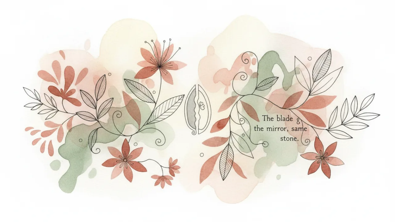 Watercolor scene evoking the energy of the Maya day sign Etz'nab'