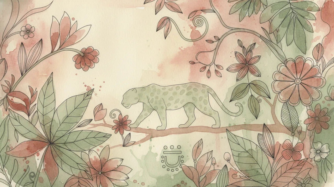 Watercolor scene evoking the energy of the Maya day sign Ix