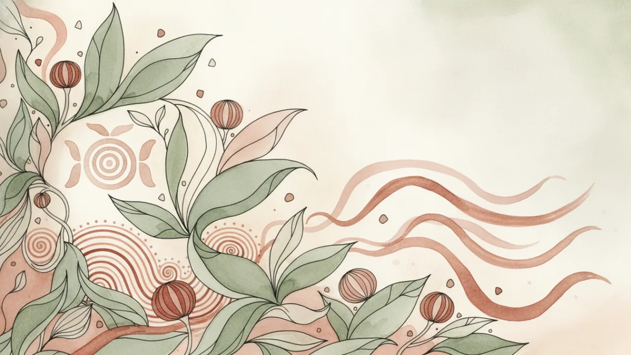 Watercolor scene evoking the energy of the Maya day sign Kab'an