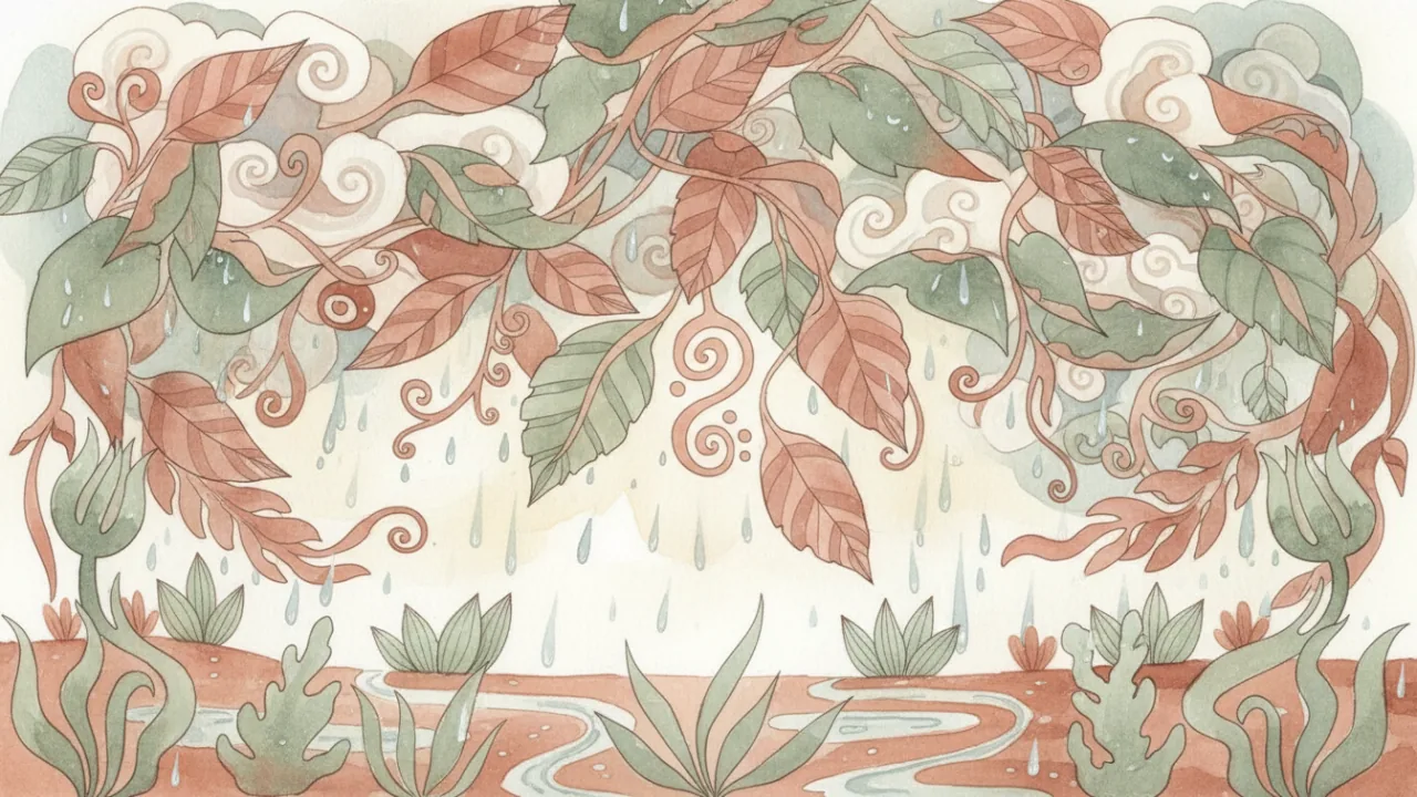 Watercolor scene evoking the energy of the Maya day sign Kawak