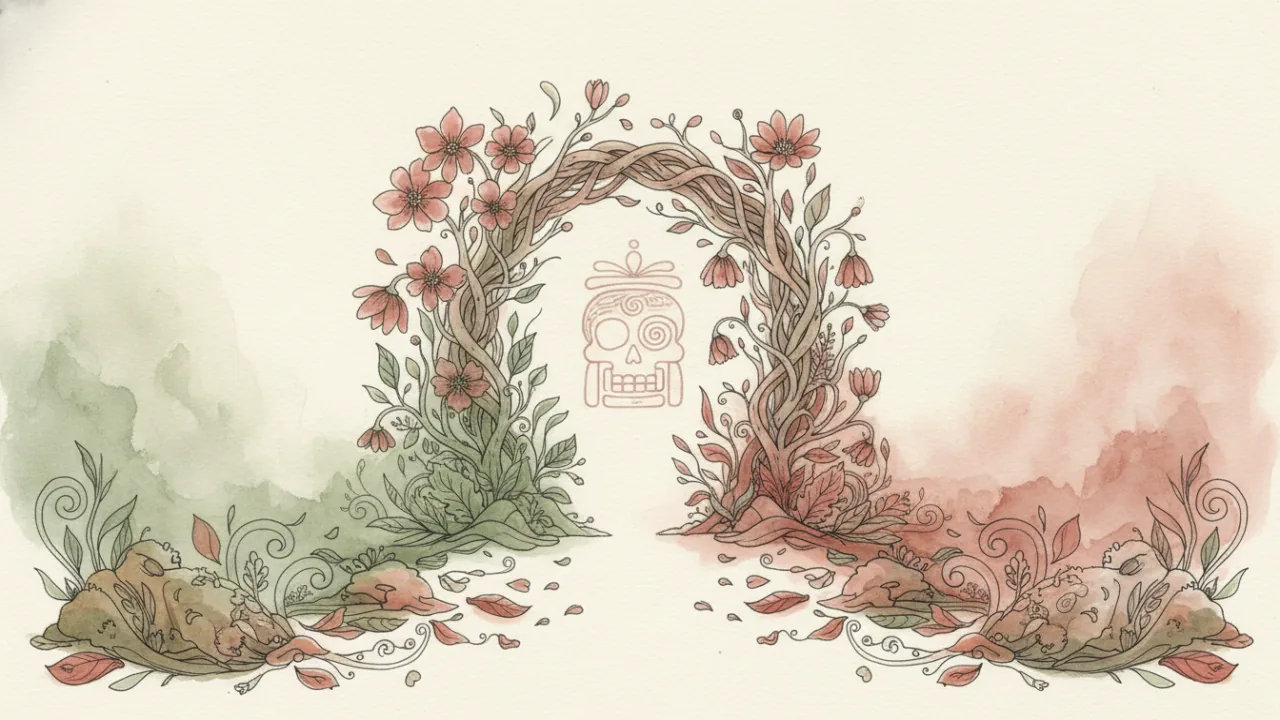 Watercolor scene evoking the energy of the Maya day sign Kimi
