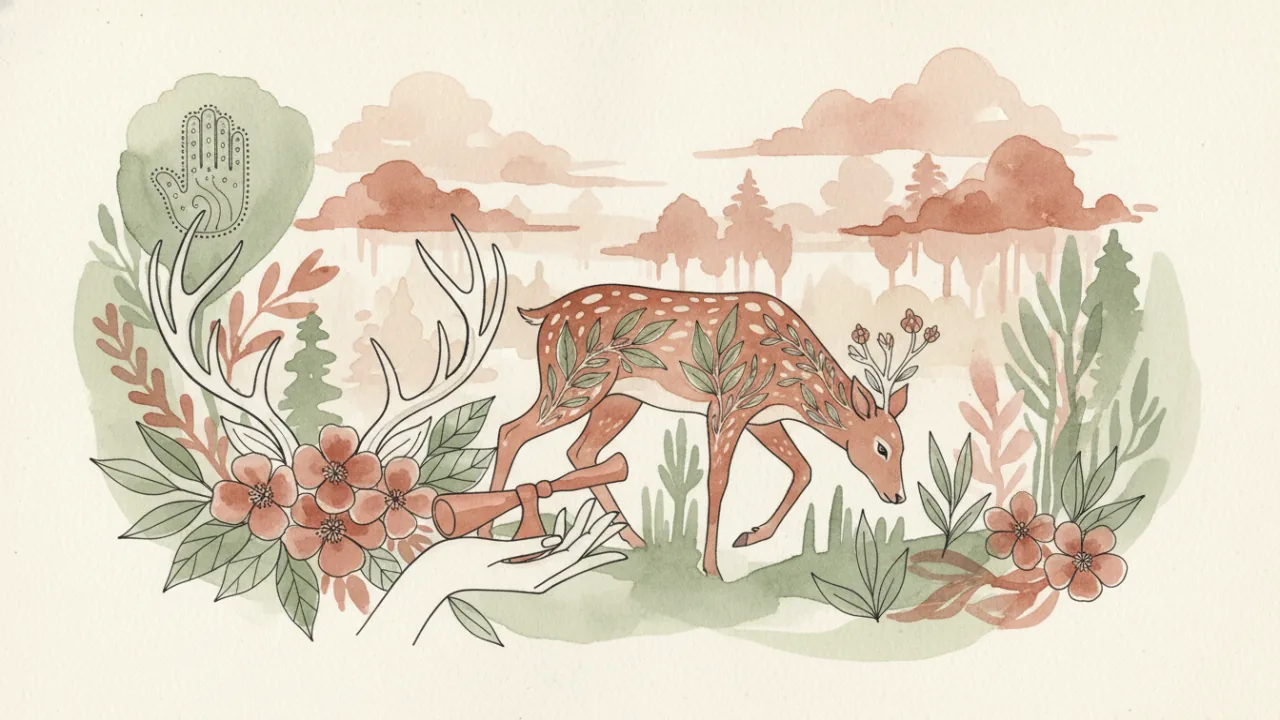 Watercolor scene evoking the energy of the Maya day sign Manik'