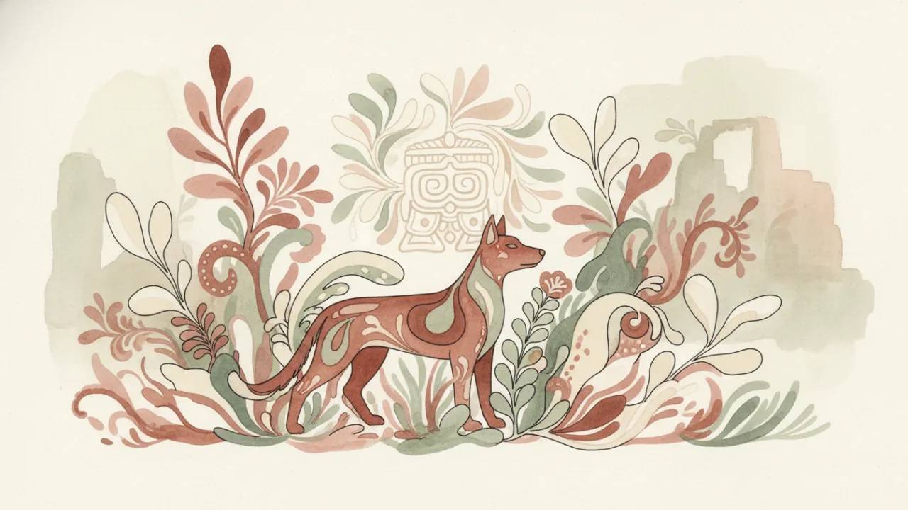 Watercolor scene evoking the energy of the Maya day sign Ok